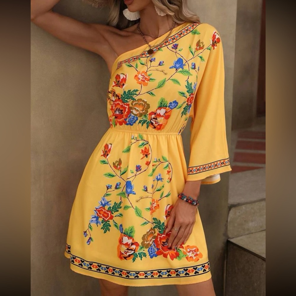 Boho floral print one shoulder dress